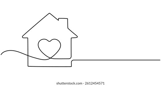 Home Sweet Home Continuous Line Icon, Heart inside house continuous one line drawn. Love home concept. Vector illustration isolated on white, Home Sweet