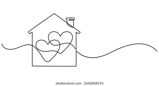 Home Sweet Home Continuous Line Icon, Minimalistic One Line Drawing of House within Heart Shape Symbolizing Home Love. eps 10, Heart inside a house drawn with one continuous line. The concept of love.