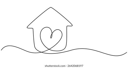 Home Sweet Home Continuous Line Icon, Minimalistic One Line Drawing of House within Heart Shape Symbolizing Home Love. eps 10, Heart inside a house drawn with one continuous line. The concept of love.