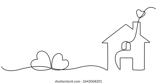 Home Sweet Home Continuous Line Icon, Minimalistic One Line Drawing of House within Heart Shape Symbolizing Home Love. eps 10, Heart inside a house drawn with one continuous line. The concept of love.