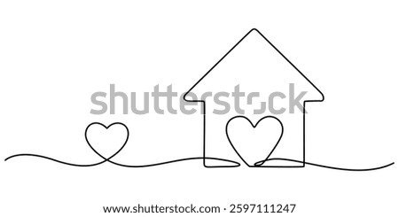 Home Sweet Home Continuous Line Icon, Love for home symbol in continuous line drawing style. Line art of heart with house. Vector illustration. Abstract background, Heart inside house continuous one. 