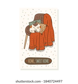Home sweet home - cozy winter card with cat sleeping on chair with blanket. Hand drawn cartoon poster with cute pet animal napping on armchair, vector illustration.