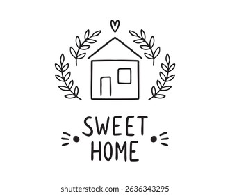 Home sweet home cute handwritten doodle lettering phrase or quote. message saying text. Hand drawn print clipart. Vector illustration