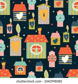 Home sweet home. Cute seamless pattern with houses with polka dot.