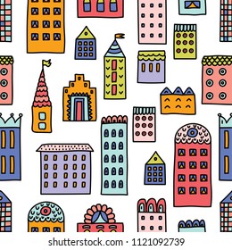 Home sweet home. Cute seamless pattern with houses. Town.