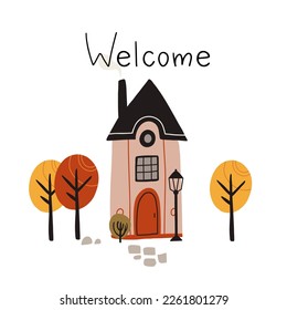 Home sweet home. Decorative colorful house with trees: cute hand drawn card, print or poster. Simple modern flat style buildings with hand written text. Floral art for children with lettering.