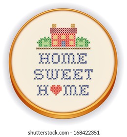 Home Sweet Home  Embroidery, Big Heart, decorative cross stitch needlework design sampler on fabric in retro wood sewing hoop, house in landscape graphic, isolated on white. EPS8 compatible.