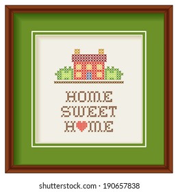 Home Sweet Home Embroidery, With A Big Heart, Cross Stitch Needlework Sewing Design, Rustic House In Landscape, Isolated On White Background, Green Mat, Mahogany Picture Frame. EPS8 Compatible. 