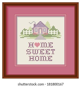 Home Sweet Home Embroidery, Cross Stitch design, pastel colors, needlework heart, house, picket fence in landscape graphic on mahogany wood frame, mat, isolated on white background. EPS8 compatible. 