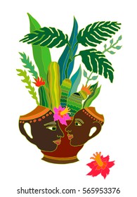 Home Sweet Home. Ethnic style ceramic spot with tropical plants and succulents. Vector hand drawn illustration. Colorful on white.