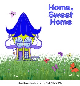 Home, sweet home. fairytale house on the green grass with flowers and butterflies on a white background