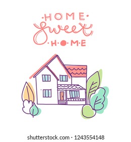 Hogar dulce hogar. Arquitectura plana, casa de campo. Edificio aislado sobre fondo blanco.  Ilustración vectorial. 