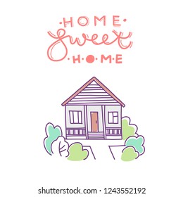 Home Sweet Home. Flat house exterior with trees. Front home architecture concept flat design style. Modern cottage house. Vector illustration of Facade Building.