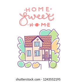 Home Sweet Home. Flat house exterior with trees. Front home architecture concept flat design style. Modern cottage house. Vector illustration of Facade Building.