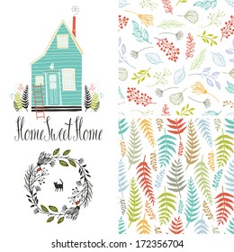 Home sweet home, floral fern patterns and round frame