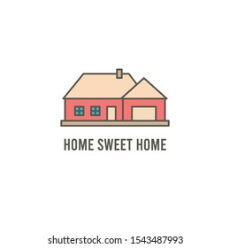 Home sweet home. Front, facade of house, building. Minimalistic logo. Colored graphic vector illustration. Cartoon style, simple flat design. Isolated icon on a white background