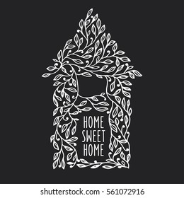 Home sweet home hand drawn poster. House made of leaves. Hand crafted design element for wall art, flat decoration. Vector vintage illustration.