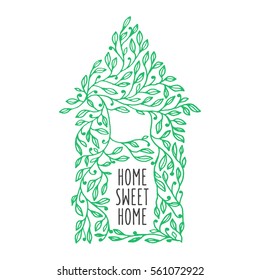 Home sweet home hand drawn poster. House made of leaves. Hand crafted design element for wall art, flat decoration. Vector vintage illustration.