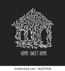 Home sweet home hand drawn poster. House made of leaves. Hand crafted design element for wall art, flat decoration. Vector vintage illustration.