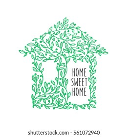 Home sweet home hand drawn poster. House made of leaves. Hand crafted design element for wall art, flat decoration. Vector vintage illustration.