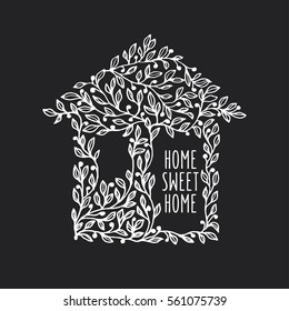 Home sweet home hand drawn poster. House made of leaves. Hand crafted design element for wall art, flat decoration. Vector vintage illustration.