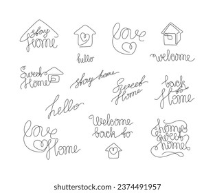 Home sweet home hand lettering small tattoo, stay home, welcome inscription, continuous line drawing, print for clothes, t-shirt, emblem logo design, single line on white background, isolated vector.