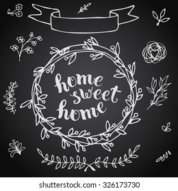 Home sweet home, handmade calligraphy, vector illustration. For housewarming posters, greeting cards, home decorations.