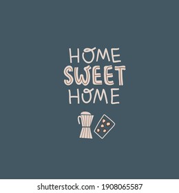 Home sweet home handwritten lettering with a cute hand drawn can of honey. Scandinavian hygge home decoration style poster. Isolated. Vector illustration.