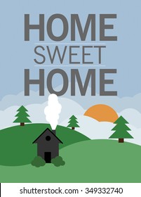 Home sweet home hillside landscape with setting sun and clouds