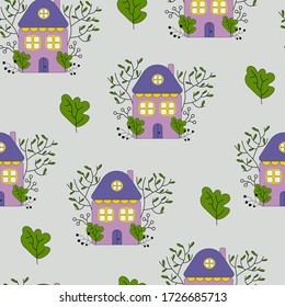 Home sweet home house and trees seamless pattern. 