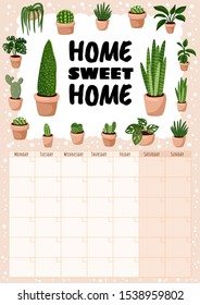 Home sweet home. Hygge monthly calendar with succulents plants elements. Lagom scandinavian planner. Cute cartoon style hygge template for agenda, planners, check lists, and other stationery