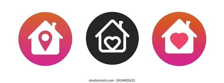 Vector de logotipo de icono dulce, gráfico de la casa de contorno de línea con mapa de alquiler pin puntero ubicación de viaje conjunto de ilustración gráfica, apoyo amor lugar del corazón bienes raíces, signo de hotel favorito imagen clipart  