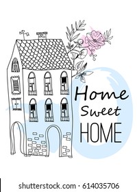 Home sweet home illustration. Graphic hand drawn vector card