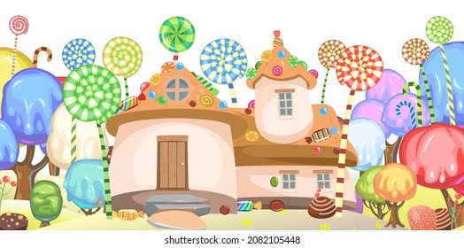 Home of the sweet inhabitants. Sweet caramel fairy house. Summer cute landscape. Illustration in cartoon style flat design. Picture for children isolated on white background.. Vector.