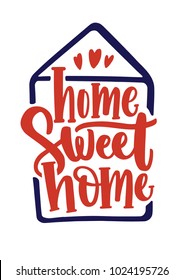 Home Sweet Home inscription handwritten with calligraphic font inside contour of house. Elegant hand lettering isolated on white background. Slogan, phrase or quote. Colored vector illustration.