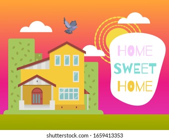 Home sweet home kids colorful cute card with houses, town and typography, cartoon vector illustration. Sweet home poster or postcard.