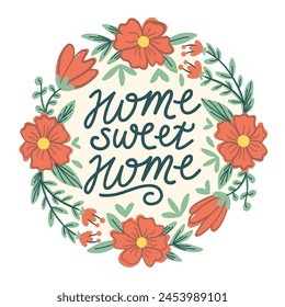 Home sweet home letterin poster with round flower border frame with poppies, daisies, tulips