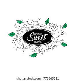 Home sweet home lettering with bird nest.