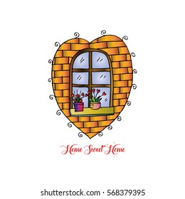 Home sweet home lettering with Window in a brick wall 
