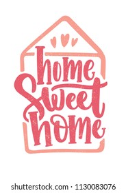 Home Sweet Home lettering written with cursive calligraphic font inside house outline and decorated with hearts. Elegant inscription handwritten on white background. Colored vector illustration