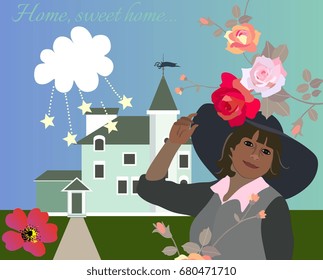 Home, sweet home. Lovely vector card with green cottage, cloud, stars, flowers and beautiful woman in hat.