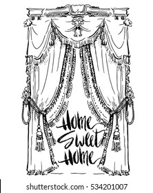 Home Sweet Home postcard. Hand drawn vector background. Ink illustration. Modern brush calligraphy. Isolated on white background. Halftone effect.