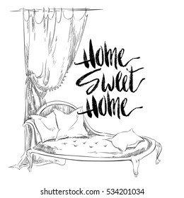 Home Sweet Home postcard. Hand drawn vector background. Ink illustration. Modern brush calligraphy. Isolated on white background.
