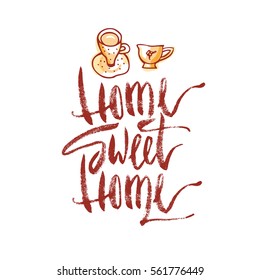 Home sweet home postcard. Hand drawn vector background. Ink illustration. Modern brush calligraphy. Isolated on white background.