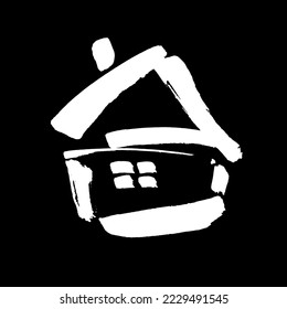 Heimliche Postkarte für süßes Zuhause. Symbol, Vektorzuhause. Handgezeichnet Hintergrund. Tinte Illustration. Logo-Design. Moderne Pinselkalligraphie. Einzeln auf schwarzem Hintergrund.