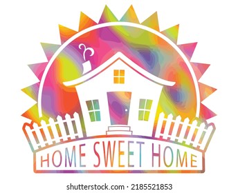 Home Sweet Home Quote With Cute Tiny House On A Hill With White Picket Fence And Big Sun Behind In Bright Festive Colors Isolated On White. Tiny House Living Concept