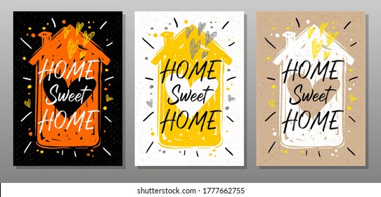 Hogar dulce hogar, cita afiche de comida. Cocina, cocina, amor, corazón, casa, chef. Cartas, póster de caligrafía, tiza, pizarra, boceto. Ilustración del vector