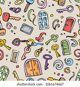 Home sweet home seamless pattern. Keys, Doors, Windows pattern, doodle style. Hand drawn vector illustration.