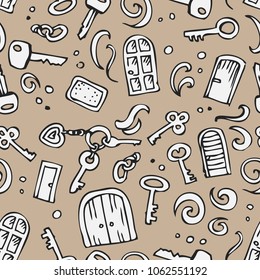 Home Sweet Home seamless pattern. Keys, Doors, Windows pattern, doodle style. Hand drawn vector illustration.
