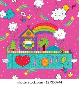 Home, sweet home. Seamless vector pattern on the pink background.